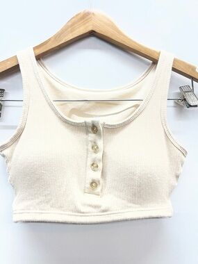 Klassy Network Cream Ribbed Button Crop Tank